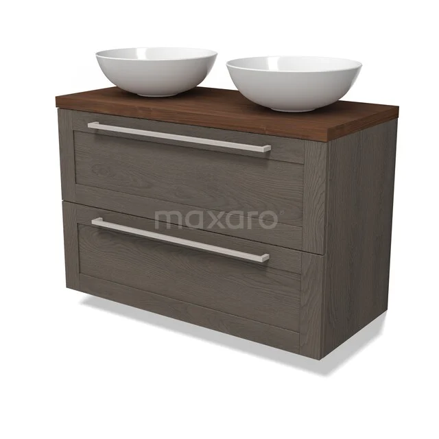 Wooden bathroom furniture with two white wash basins, dark brown countertop and silver handles, modern design.