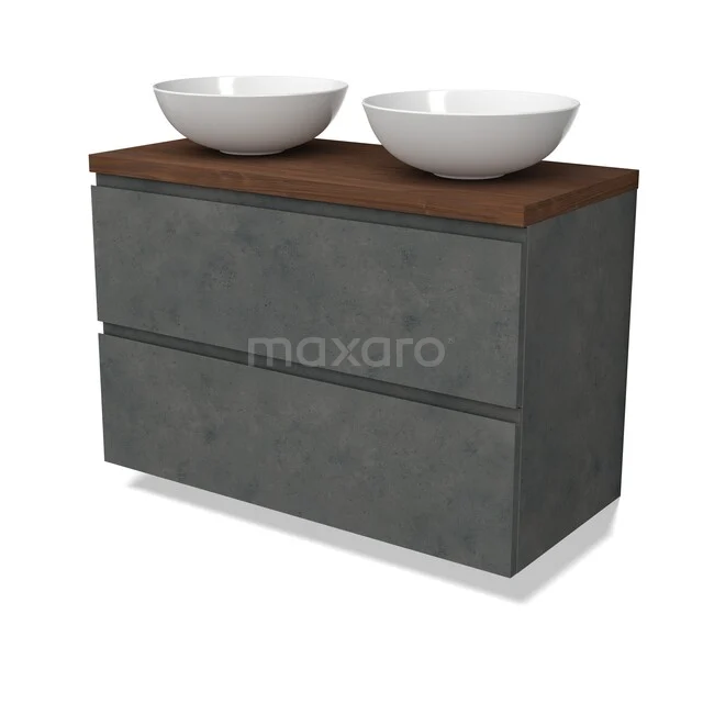 Modulo Plato Vanity units for countertop basin | 100 cm Dark grey concrete Handle-less front Walnoot worktop 2 Stacked drawers BMK17-03540 Antracietgrijs badkamermeubel met twee keramische waskommen, houtlook blad en strak modern design.