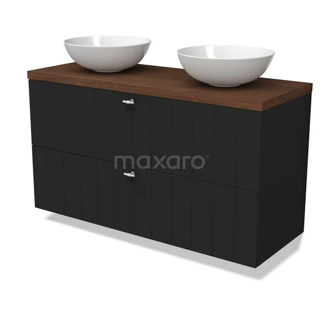Modulo Plato Vanity units for countertop basin | 120 cm Matte black Slat front Walnut worktop 2 Stacked drawers BMK17-03542 Zwarte badkamermeubel met houtlook blad en twee witte komvormige wastafels, modern design voor stijlvolle badkamers.