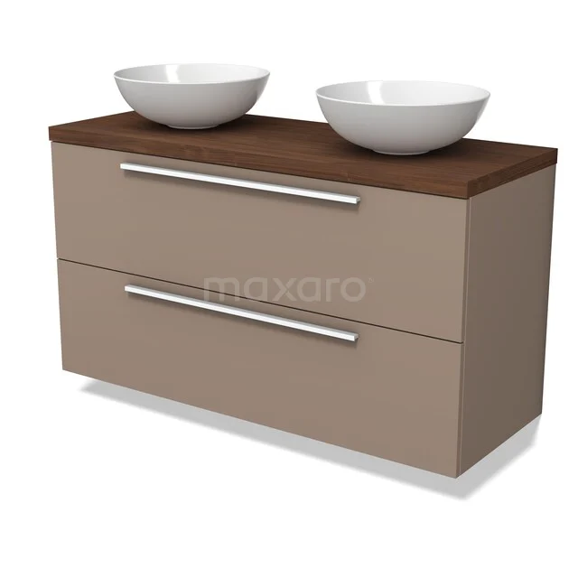 Waschbeckenmöbel Modulo BMK17-03544 Beige Badmöbel mit zwei Schubladen, Holzplatte und doppelten weißen Aufsatzwaschbecken. Modernes Design, ideal für dein stilvolles Badezimmer.