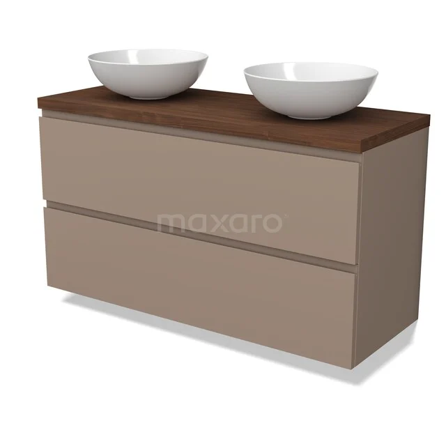 Modulo Plato Vanity units for countertop basin | 120 cm Taupe Handle-less front Walnut worktop 2 Stacked drawers BMK17-03545 Beige badkamermeubel met houtlook blad, twee witte keramische waskommen, strak design, ideaal voor moderne badkamers.