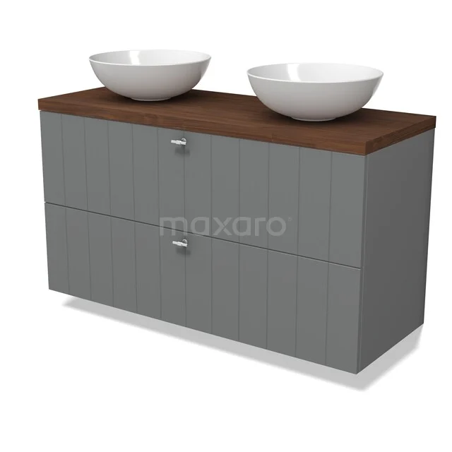 Modulo Plato Vanity units for countertop basin | 120 cm Mid grey Slat front Walnut worktop 2 Stacked drawers BMK17-03547 Grijs houten badmeubel met donkerhouten blad, twee witte waskommen en lades, ideaal voor een moderne badkamer.