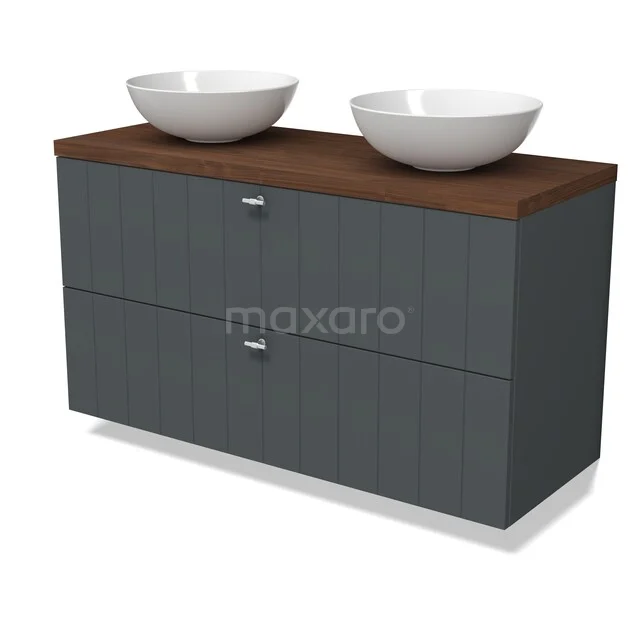 Modulo Plato Vanity units for countertop basin | 120 cm Dark grey Slat front Walnut worktop 2 Stacked drawers BMK17-03556 Grijze badkamermeubel met houten blad, dubbele keramische waskommen en twee ruime lades. Modern design.