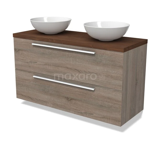 Modulo Plato Vanity units for countertop basin | 120 cm Oak Flat front Walnut worktop 2 Stacked drawers BMK17-03562 Houten badkamermeubel met twee witte waskommen, modern ontwerp met lade-indeling en chique metalen handgrepen.