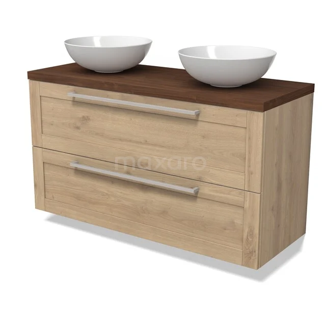 Wooden bathroom furniture with a warm oak look, double white bowls and modern metal handles, perfect for stylish bathrooms.