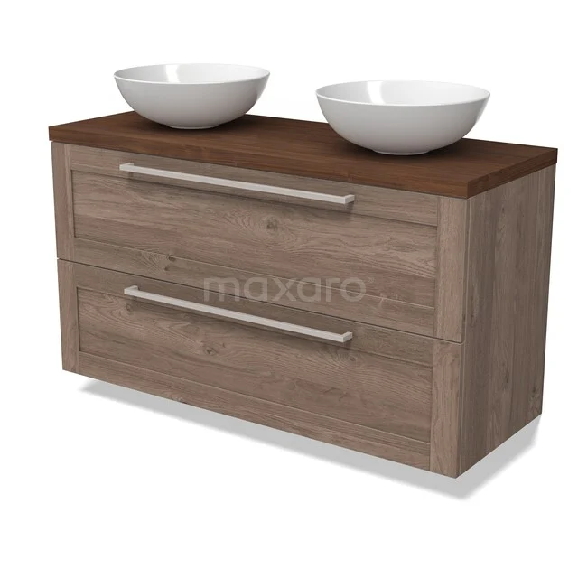 Houten badkamermeubel met twee lades, donker houten blad en twee witte opzetwaskommen, ideaal voor moderne badkamers.