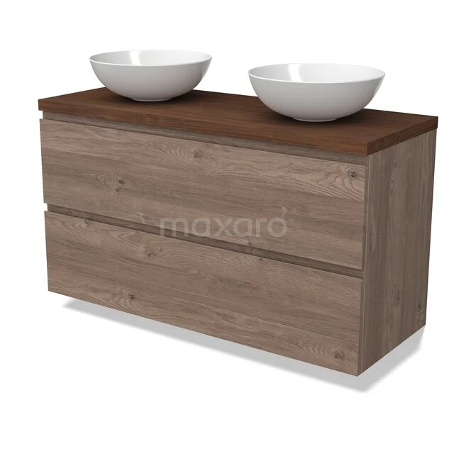 Modulo Plato Vanity units for countertop basin | 120 cm Mid brown oak Handle-less front Walnut worktop 2 Stacked drawers BMK17-03573 Houten badkamermeubel met twee witte ronde waskommen, modern ontwerp, ideaal voor stijlvolle en functionele badkamers.