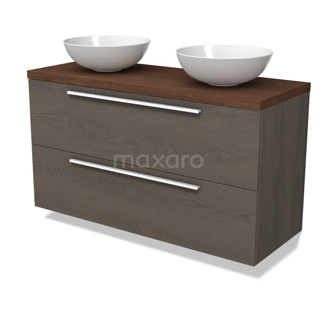 Modulo Plato Vanity units for countertop basin | 120 cm Dark brown oak Flat front Walnut worktop 2 Stacked drawers BMK17-03574 Houten badmeubel met donkerbruin blad, twee ronde witte waskommen, en zilveren handgrepen, ideaal voor een moderne badkamer.