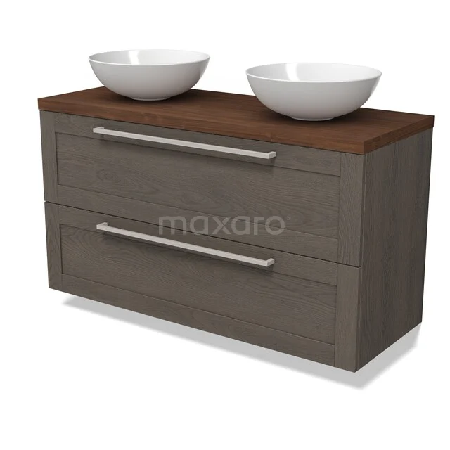 Modulo Plato Vanity units for countertop basin | 120 cm Dark brown oak Bordered front Walnut worktop 2 Stacked drawers BMK17-03575 Wooden bathroom furniture, dark brown with two white washbasins, sleek metal handles and a modern design style.