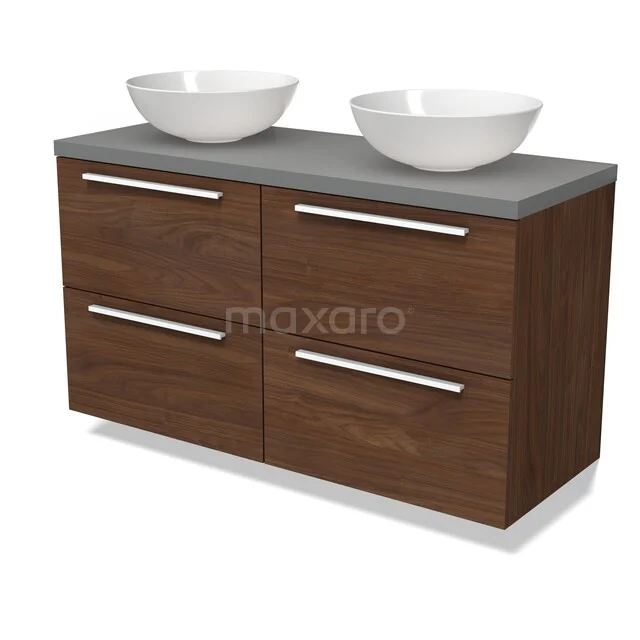 Hölzernes Badezimmermöbel mit vier Schubladen, grauer Platte und zwei weißen Aufsatzwaschbecken, modernes Design für stilvolles Badezimmerinterieur.