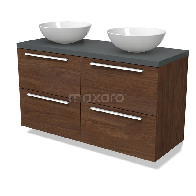 Modulo Plato Badkamermeubel voor waskom | 120 cm Walnoot Vlak front Donkergrijs blad 4 lades BMK18-02306 Houten badkamermeubel met donkere bladen, dubbele witte waskommen en vier lades, perfect voor een moderne badkamerstijl.