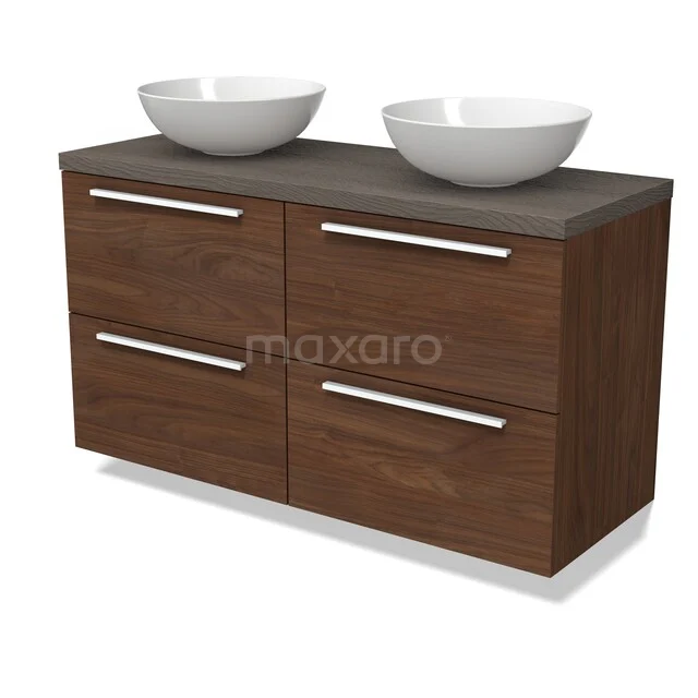 Waschbeckenmöbel Modulo BMK18-02314 Holz-Badmöbel mit doppelten Aufsatzwaschbecken, Walnussoptik und vier Schubladen, ideal für moderne Badezimmergestaltung.