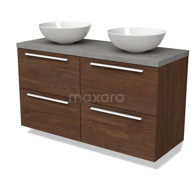 Holz-Badmöbel mit vier Schubladen, einer grauen Waschtischplatte und zwei weißen Aufsatzwaschbecken; modernes und stilvolles Design.