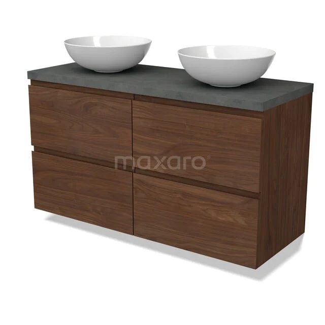 Modulo Plato Vanity units for countertop basin | 120 cm Walnut Handle-less front Dark grey concrete worktop 4 drawers BMK18-02336 Houten badkamermeubel met donkergrijs blad en twee witte wastafels, strak ontwerp en modern voor een stijlvolle badkamer.