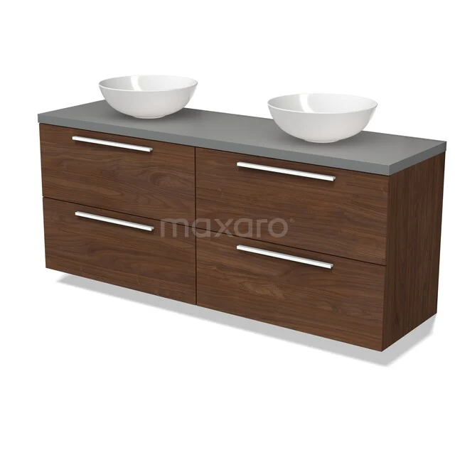 Modulo Plato Badmöbel mit Aufsatzwaschbecken | 160 cm Walnuss Flach front Dunkelgrau blatt 4 Schubladen BMK18-02339 Holz Badezimmermöbel mit doppeltem Aufsatzwaschbecken, moderne Ausführung, dunkelbraunes Furnier und silberfarbene Griffe.