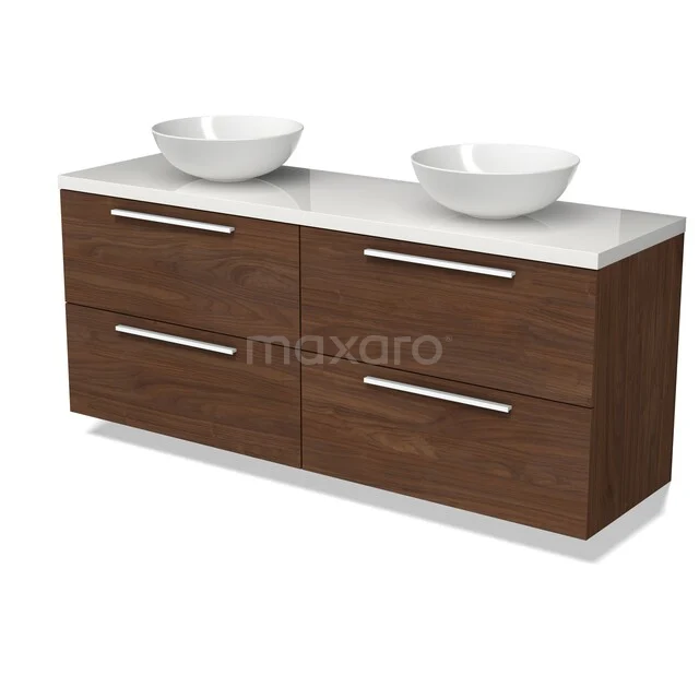 Houten badkamermeubel met een moderne donkerbruine afwerking, vier lades en twee witte opbouwwastafels.