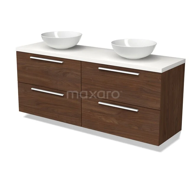 Modulo Plato Badkamermeubel voor waskom | 160 cm Walnoot Vlak front Mat wit blad 4 lades BMK18-02341 Dubbele badkamerkast houtlook met witte wastafelkommen, modern design, ruime opberglades, ideaal voor een stijlvolle badkamer.
