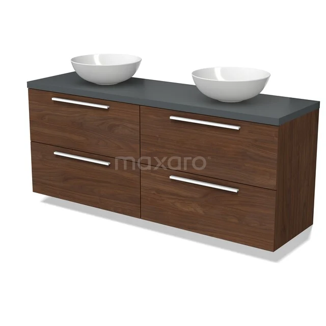 Modulo Plato Vanity units for countertop basin | 160 cm Walnoot Flat front Mid grey worktop 4 drawers BMK18-02342 Houten badkamermeubel met donkere finish, zwart blad en dubbele witte opbouw wastafels, modern design.