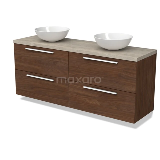 Modulo Plato Badkamermeubel voor waskom | 160 cm Walnoot Vlak front Lichtgrijs eiken blad 4 lades BMK18-02346 Wandmeubel houtlook met dubbele waskom, moderne badkamerkast met lades, stijlvol design en chique uitstraling.
