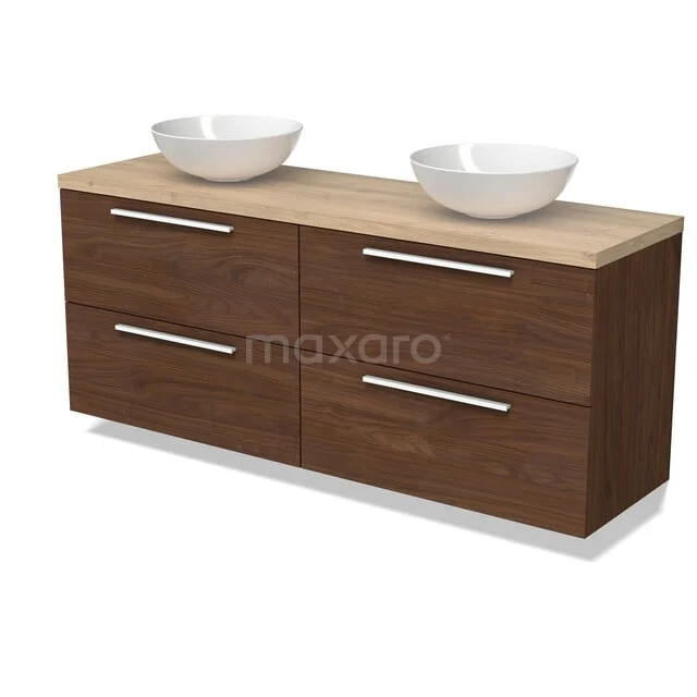 Modulo Plato Badkamermeubel voor waskom | 160 cm Walnoot Vlak front Lichtbruin eiken blad 4 lades BMK18-02347 Houten badkamermeubel met dubbele wastafel, walnootkleur, chromen handgrepen en vier lades, modern design.