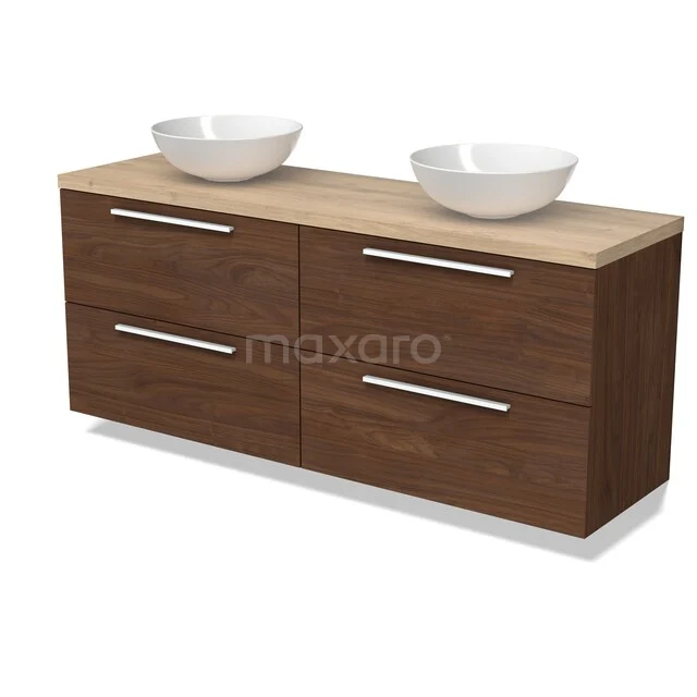 Modulo Plato Badmöbel mit Aufsatzwaschbecken | 160 cm Walnuss Flach front Hellbraune Eiche blatt 4 Schubladen BMK18-02347 Hölzernes Badezimmermöbel mit Doppelwaschbecken, Walnussfarbe, chromene Haltegriffe und vier Schubladen, modernes Design.