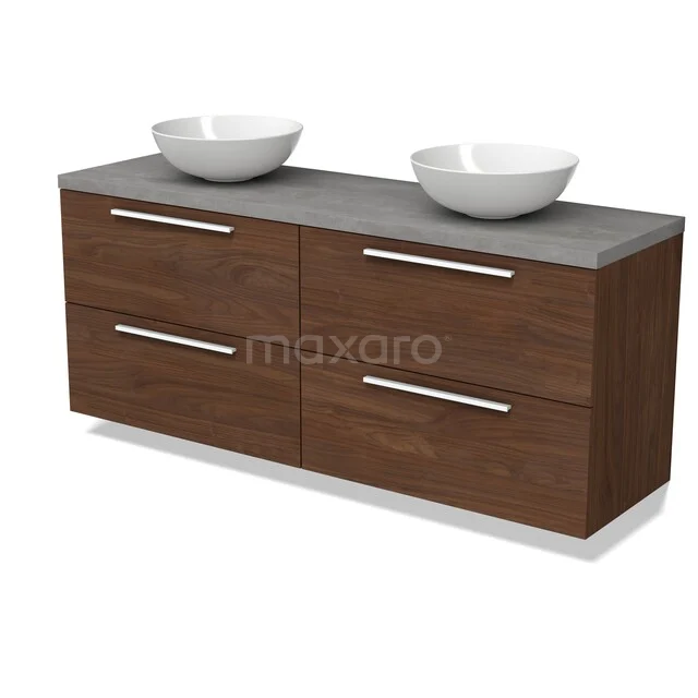 Modulo Plato Vanity units for countertop basin | 160 cm Walnut Flat front Light grey concrete worktop 4 drawers BMK18-02351 Dubbele wastafelonderkast houtlook, 4 lades, donkerbruin, met witte keramische kommen en grijs blad, modern badkamerdesign.