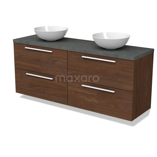 Modulo Plato Vanity units for countertop basin | 160 cm Walnoot Flat front Dark grey concrete worktop 4 drawers BMK18-02352 Houten badkamermeubel met twee witte waskommen, donkergrijze bovenblad, 4 lades met zilveren grepen, modern design.