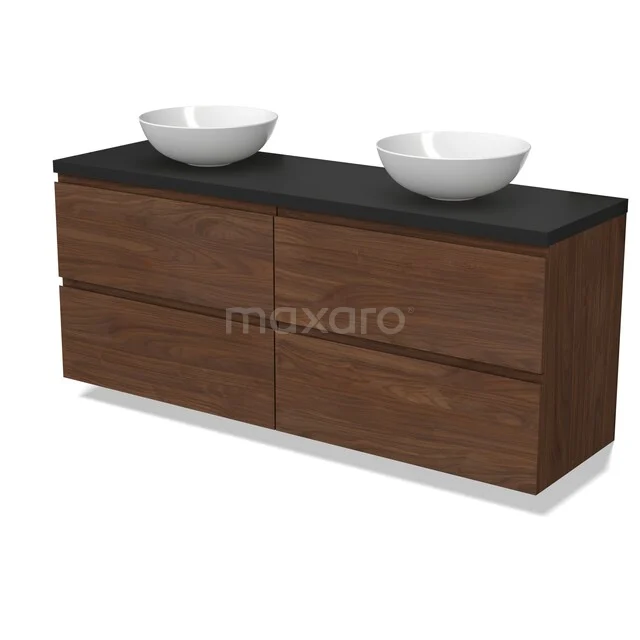 Holz-Badmöbel mit dunkler Platte, doppelten Aufsatzwaschbecken und schickem Design. Perfekt für einen modernen Badezimmerstil.