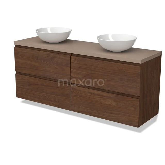 Modulo Plato Vanity units for countertop basin | 160 cm Walnoot Handle-less front Taupe worktop 4 drawers BMK18-02354 Wastafelmeubel houtlook met dubbele witte waskommen, modern design, perfect voor een stijlvolle badkamer inrichting.