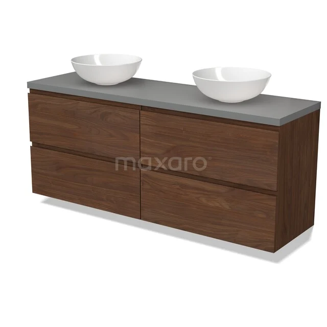 Badmöbelset Holzoptik mit Doppelwaschbecken, weißer Keramik und grauer Platte, modernes und schlichtes Design.