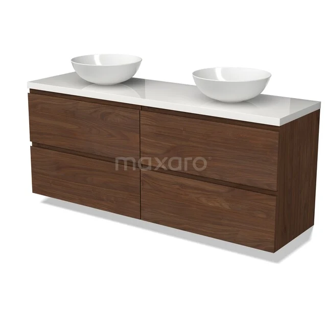 Modulo Plato Vanity units for countertop basin | 160 cm Walnoot Handle-less front High-gloss white worktop 4 drawers BMK18-02356 Houten badkamermeubel met dubbele witte opzetwastafels en strak design, ideaal voor moderne badkamers.