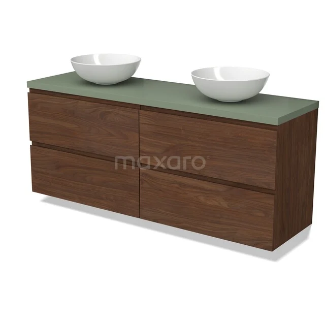 Modulo Plato Badkamermeubel voor waskom | 160 cm Walnoot Greeploos front Saliegroen blad 4 lades BMK18-02359 Houten badkamermeubel met groen blad, dubbele wastafels en lades, modern design voor stijlvolle badkamerinrichting.