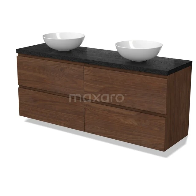 Modulo Plato Vanity units for countertop basin | 160 cm Walnut Handle-less front Black oak worktop 4 drawers BMK18-02360 Houten badkamermeubel met zwarte bovenblad, inclusief dubbele witte waskommen; modern design, ideaal voor ruime badkamers.
