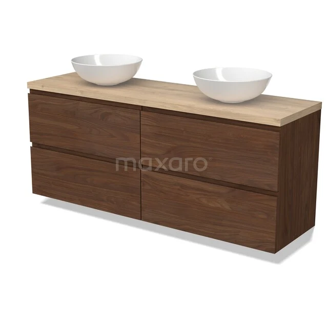 Modulo Plato Vanity units for countertop basin | 160 cm Walnoot Handle-less front Light brown oak worktop 4 drawers BMK18-02363 Houten badkamermeubel met dubbele witte waskommen, strak design, ideaal voor moderne badkamers.