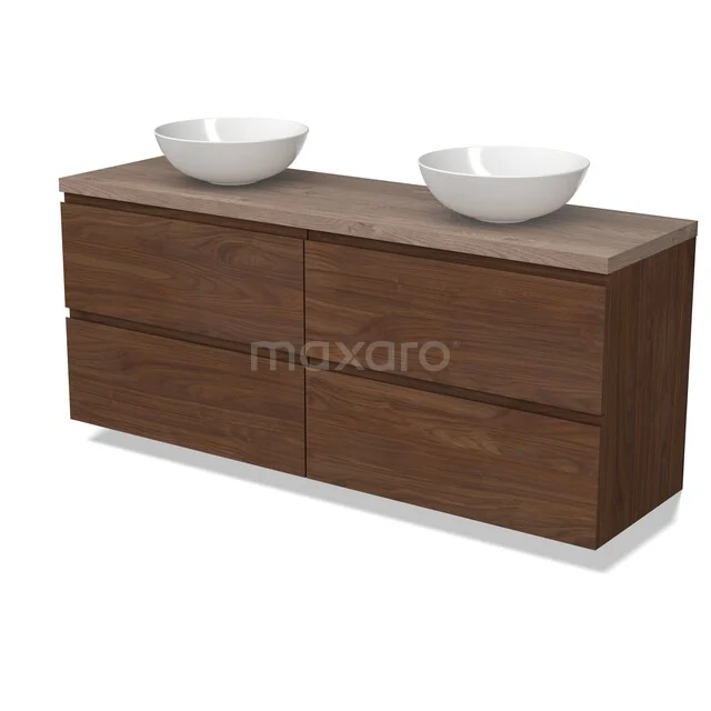 Holz Badezimmermöbel mit Doppelwaschbecken, modernes Design in Walnussfarbe, schlichte Schubladen ohne Griffe.