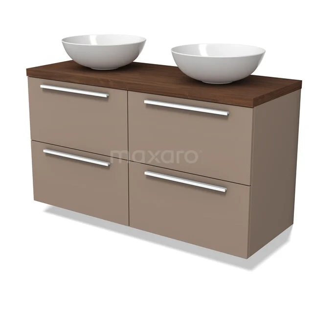 Beige houten badkamermeubel met donkerhouten blad, 4 lades en 2 witte waskommen, ideaal voor moderne badkamers.