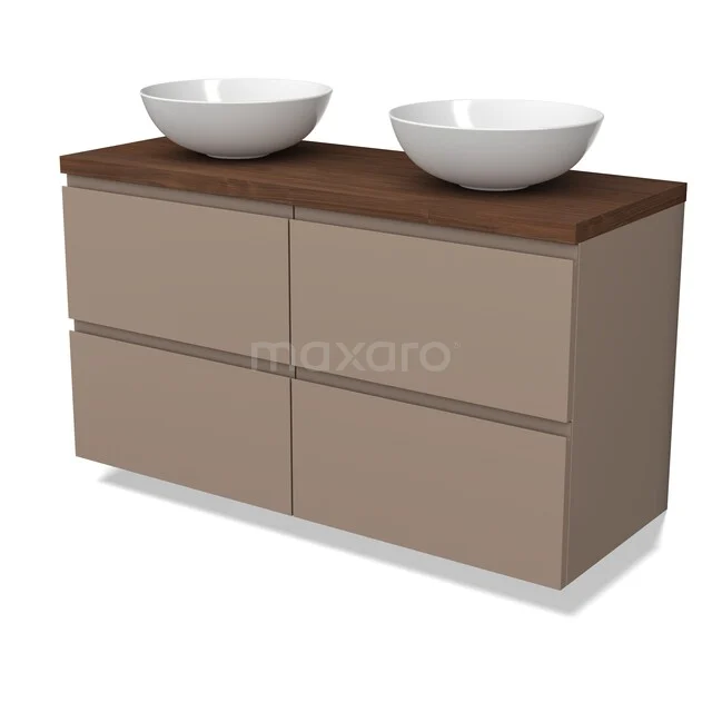 Modulo Plato Vanity units for countertop basin | 120 cm Taupe Handle-less front Walnut worktop 4 drawers BMK18-02373 Beige badkamermeubel met twee lades, houtlook blad en dubbele witte waskommen, ideaal voor een moderne badkamerstijl.
