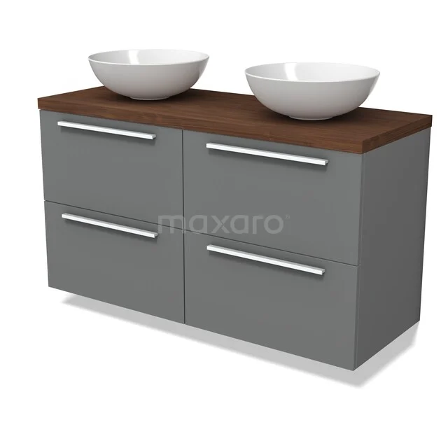 Modulo Plato Vanity units for countertop basin | 120 cm Mid grey Flat front Walnoot worktop 4 drawers BMK18-02374 Grijze badkamermeubelset met dubbele witte waskommen en een houten blad, strak design met vier lades.