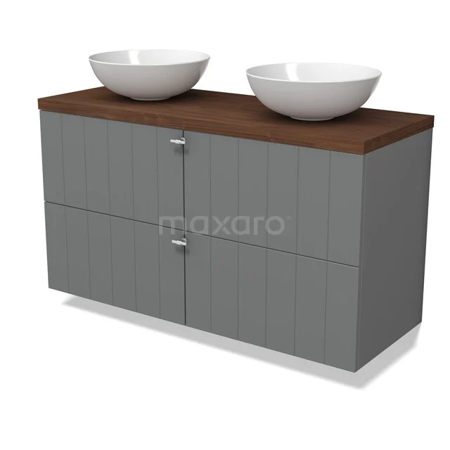 Modulo Plato Badkamermeubel voor waskom | 120 cm Middengrijs Lamel front Walnoot blad 4 lades BMK18-02375 Grijs badkamermeubel met dubbele waskommen, houten blad en moderne structuur, ideaal voor een stijlvolle badkamerinrichting.