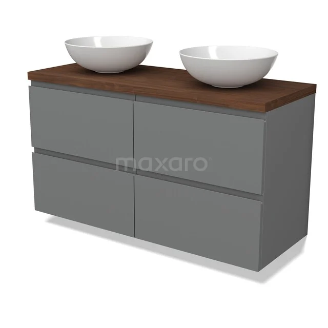 Modulo Plato Badkamermeubel voor waskom | 120 cm Middengrijs Greeploos front Walnoot blad 4 lades BMK18-02376 Grijze badkamermeubelset met houten blad en dubbele witte waskommen, modern design voor een stijlvolle badkamer.