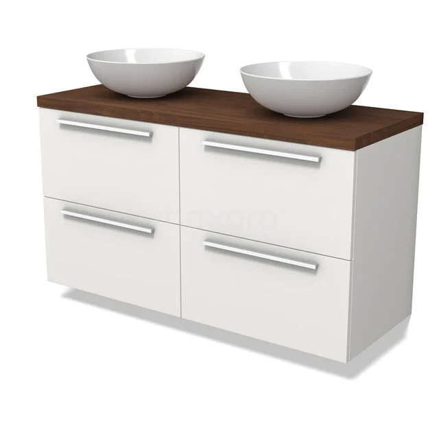 Modulo Plato Vanity units for countertop basin | 120 cm Matte white Flat front Walnoot worktop 4 drawers BMK18-02380 Wit badkamermeubel met dubbele wastafel, houten blad en vier lades, ideaal voor moderne badkamers.