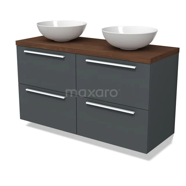 Modulo Plato Vanity units for countertop basin | 120 cm Dark grey Flat front Walnut worktop 4 drawers BMK18-02383 Antracietgrijs badkamermeubel met houten blad, twee witte waskommen en vier lades, modern design.