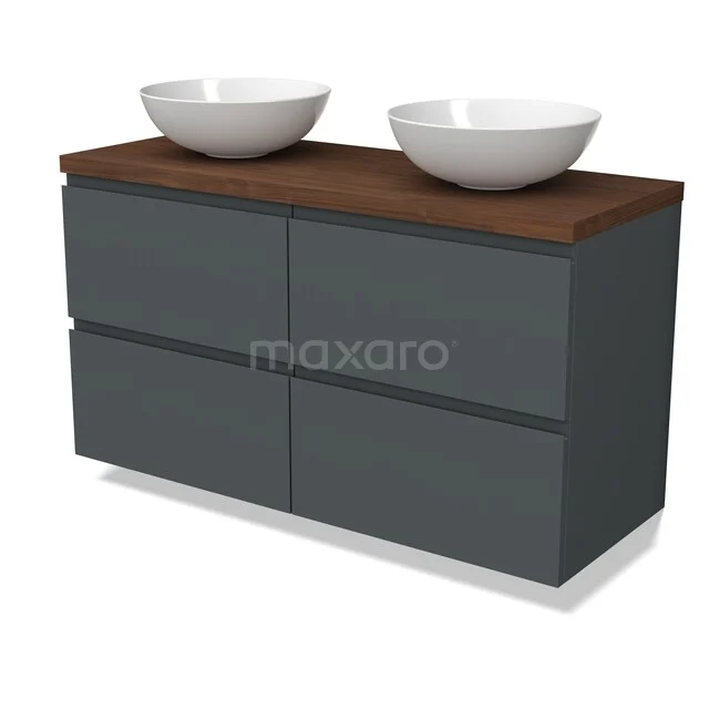 Modulo Plato Badkamermeubel voor waskom | 120 cm Donkergrijs Greeploos front Walnoot blad 4 lades BMK18-02385 Donkergrijze badkamermeubelset met houten blad en twee ronde witte waskommen, modern design voor een stijlvolle badkamer.
