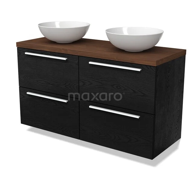 Modulo Plato Vanity units for countertop basin | 120 cm Black oak Flat front Walnoot worktop 4 drawers BMK18-02388 Zwart houten badkamermeubel met vier lades, walnoot blad en twee witte waskommen voor een moderne badkamerstijl.