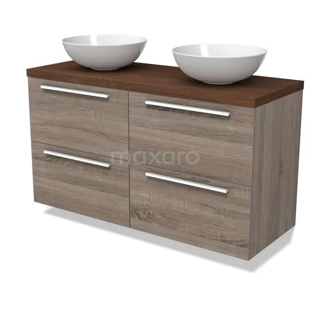 Modulo Plato Badkamermeubel voor waskom | 120 cm Eiken Vlak front Walnoot blad 4 lades BMK18-02390 Houten badmeubel met twee witte waskommen, modern design, vier lades en roestvrijstalen handgrepen.
