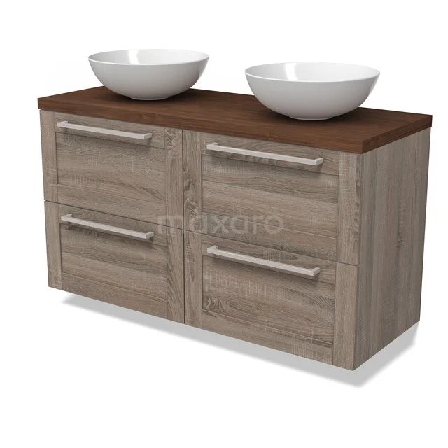 Modulo Plato Vanity units for countertop basin | 120 cm Oak Bordered front Walnut worktop 4 drawers BMK18-02391 Wooden bathroom furniture with double sink, white bowl-shaped basins and four drawers, ideal for modern bathroom storage.
