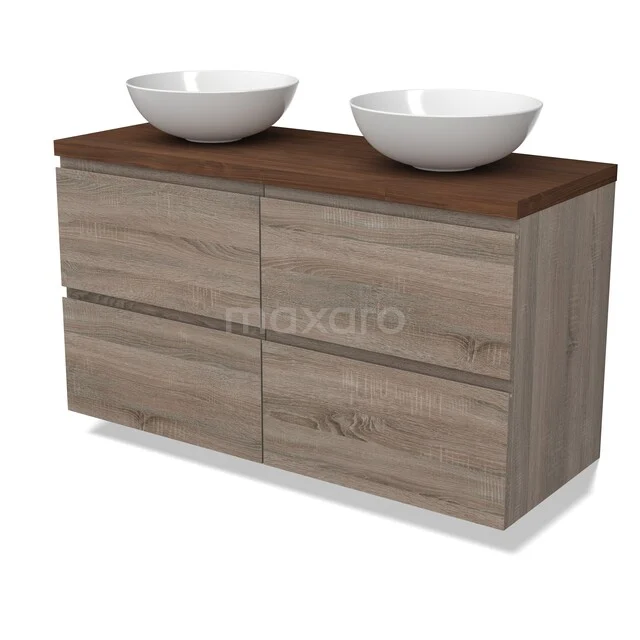 Modulo Plato Vanity units for countertop basin | 120 cm Oak Handle-less front Walnoot worktop 4 drawers BMK18-02392 Houten badkamermeubel met donkerhouten blad, dubbele witte waskommen en vier lades, modern design.