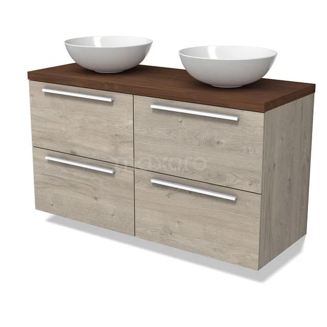 Modulo Plato Vanity units for countertop basin | 120 cm Light grey oak Flat front Walnut worktop 4 drawers BMK18-02393 Houten badkamermeubel met dubbele wastafel, licht eiken afwerking en vier lades, ideaal voor moderne badkamers.