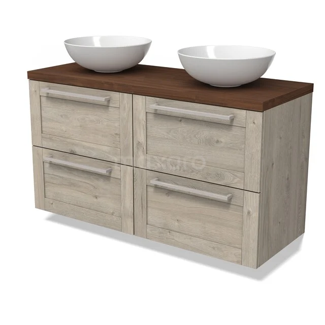 Modulo Plato Vanity units for countertop basin | 120 cm Light grey oak Bordered front Walnut worktop 4 drawers BMK18-02394 Wooden bathroom furniture with double washbasin, light oak look, dark wooden top and four drawers with metal handles.