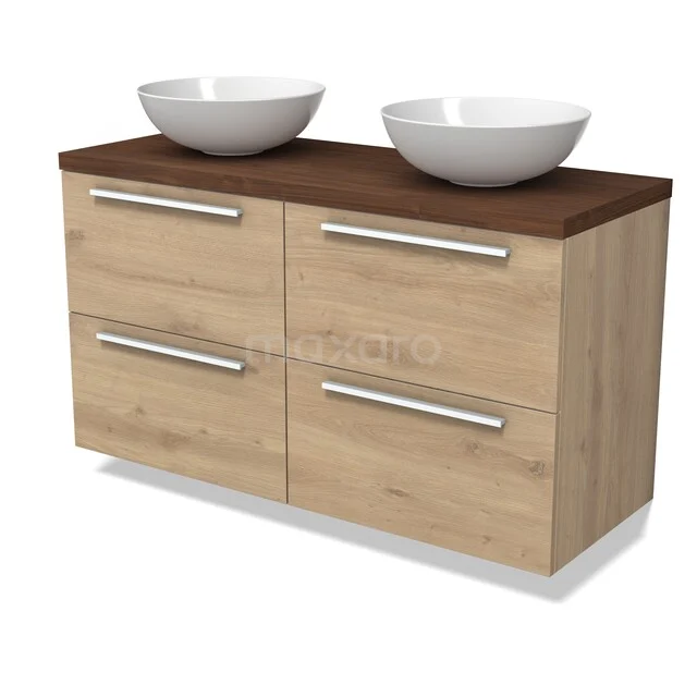 Modulo Plato Vanity units for countertop basin | 120 cm Light brown oak Flat front Walnoot worktop 4 drawers BMK18-02396 Houten badkamermeubel met dubbele waskommen, vier lades en donker houten blad, ideaal voor moderne badkamerinrichting.